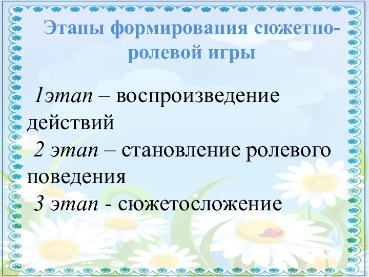 Этапы формирования сюжетно-ролевой игры 1этап – воспроизведение действий 2 этап