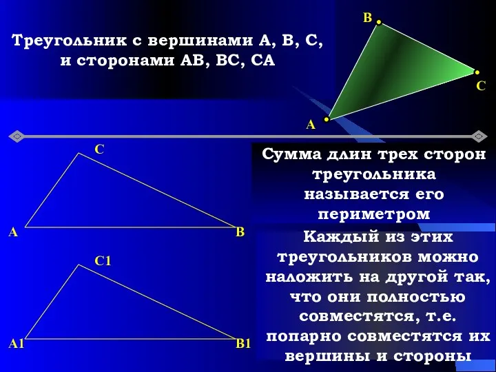 Треугольник с вершинами A, B, C, и сторонами AB, BC,