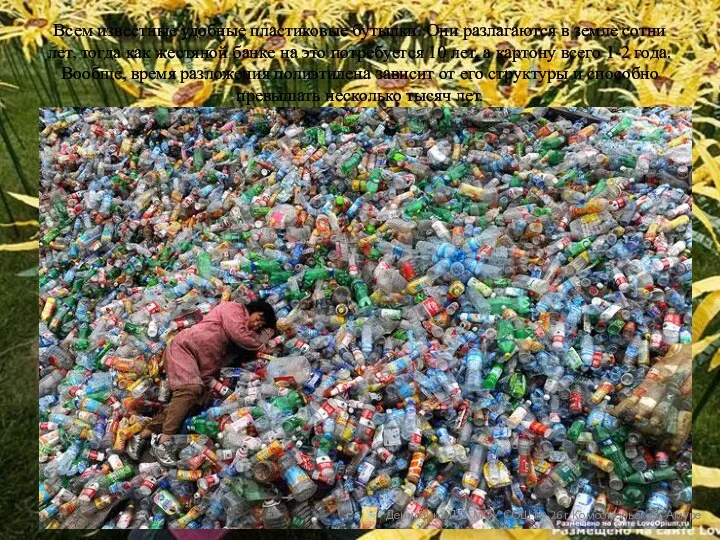 Всем известные удобные пластиковые бутылки. Они разлагаются в земле сотни