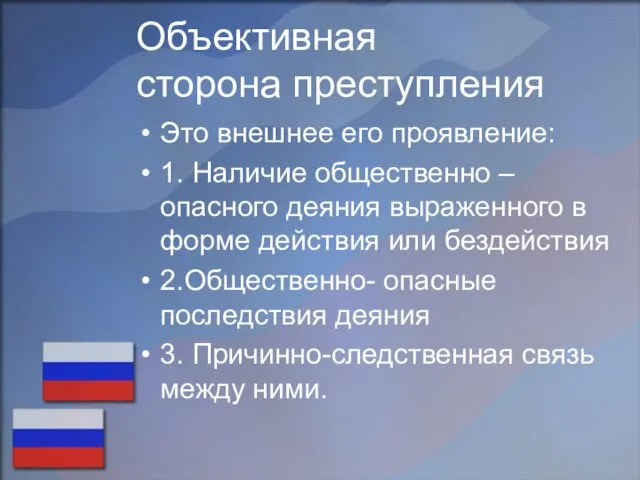 Объективная сторона преступления Это внешнее его проявление: 1. Наличие общественно