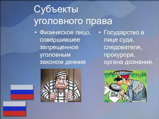 Субъекты уголовного права Физическое лицо, совершившее запрещенное уголовным законом деяние