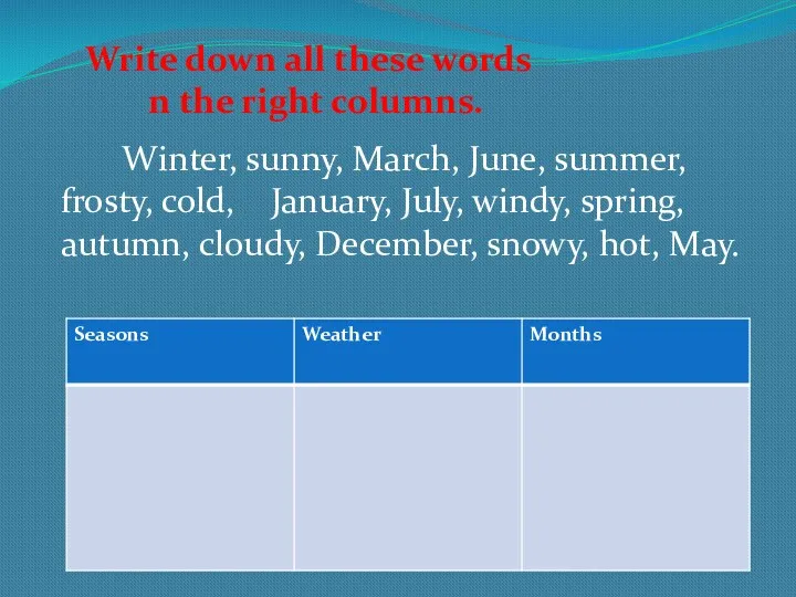 Write down all these words n the right columns. Winter, sunny, March, June,