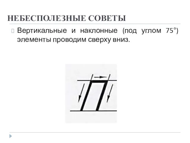 НЕБЕСПОЛЕЗНЫЕ СОВЕТЫ Вертикальные и наклонные (под углом 75°) элементы проводим сверху вниз.