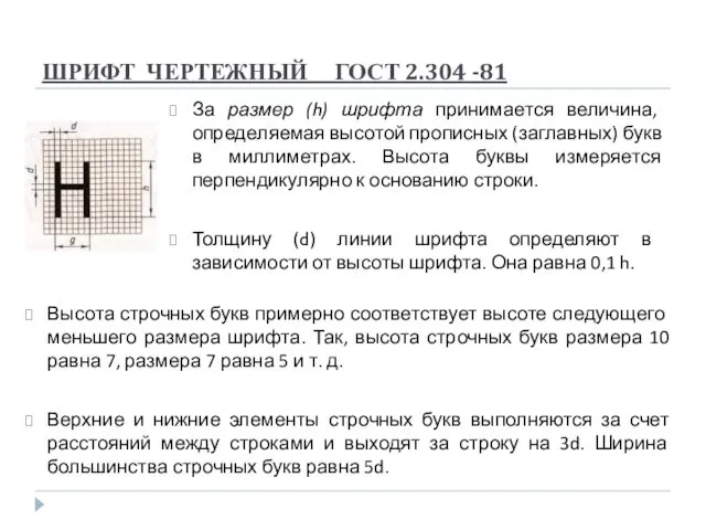 ШРИФТ ЧЕРТЕЖНЫЙ ГОСТ 2.304 -81 За размер (h) шрифта принимается