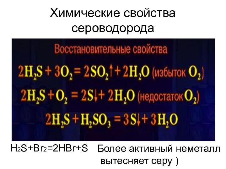 Химические свойства сероводорода Н2S+Br2=2HBr+S Более активный неметалл вытесняет серу )