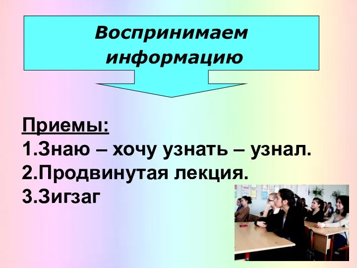 Воспринимаем информацию Приемы: 1.Знаю – хочу узнать – узнал. 2.Продвинутая лекция. 3.Зигзаг