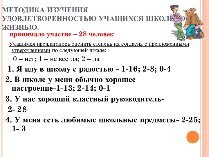 МЕТОДИКА ИЗУЧЕНИЯ УДОВЛЕТВОРЕННОСТЬЮ УЧАЩИХСЯ ШКОЛЬНОЙ ЖИЗНЬЮ. принимало участие – 28