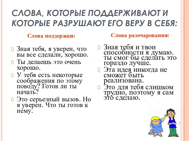 СЛОВА, КОТОРЫЕ ПОДДЕРЖИВАЮТ И КОТОРЫЕ РАЗРУШАЮТ ЕГО ВЕРУ В СЕБЯ: