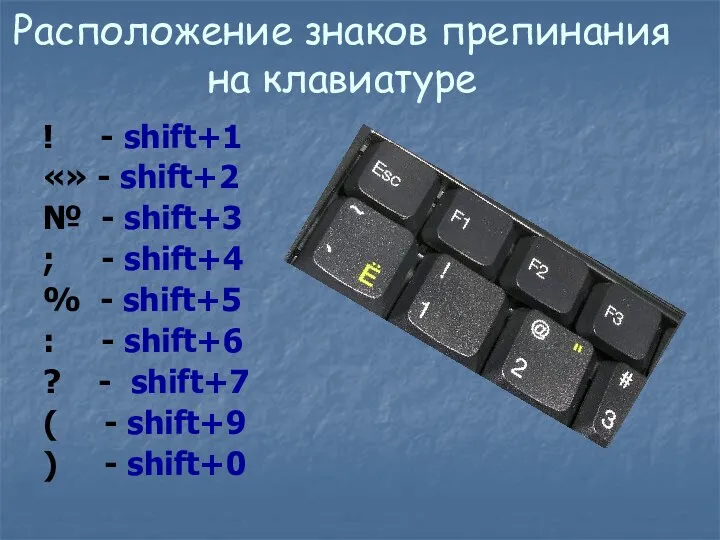 Расположение знаков препинания на клавиатуре ! - shift+1 «» -