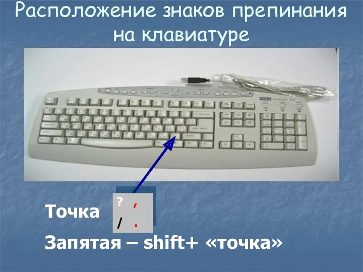 Расположение знаков препинания на клавиатуре Точка Запятая – shift+ «точка» ? , / .