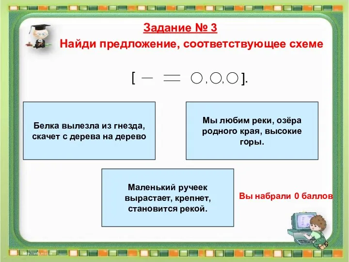 Задание № 3 Найди предложение, соответствующее схеме [ , ,