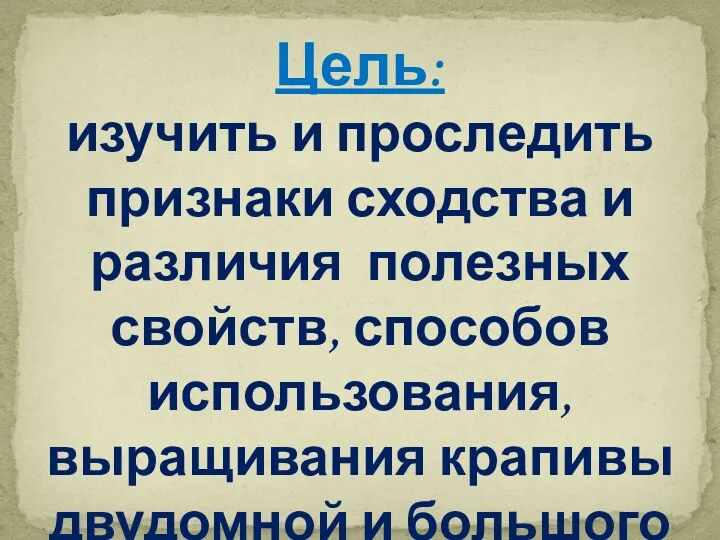 Цель: изучить и проследить признаки сходства и различия полезных свойств, способов использования, выращивания