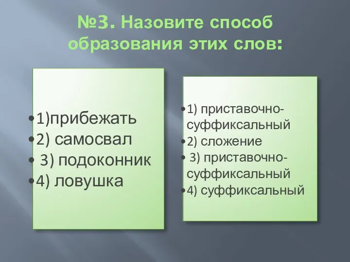 №3. Назовите способ образования этих слов: 1)прибежать 2) самосвал 3)