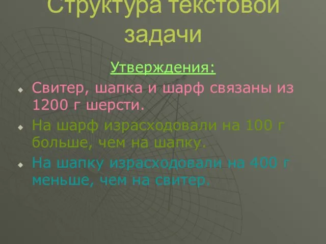 Структура текстовой задачи Утверждения: Свитер, шапка и шарф связаны из