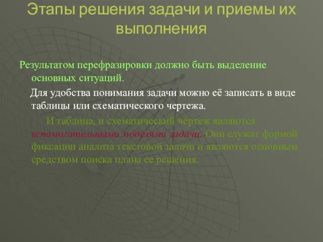 Этапы решения задачи и приемы их выполнения Результатом перефразировки должно