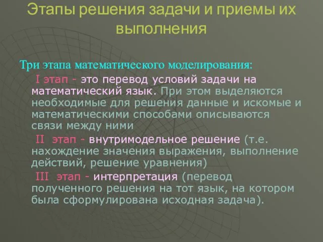 Этапы решения задачи и приемы их выполнения Три этапа математического