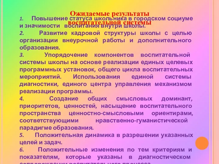 Ожидаемые результаты воспитательной системы 1. Повышение статуса школьника в городском