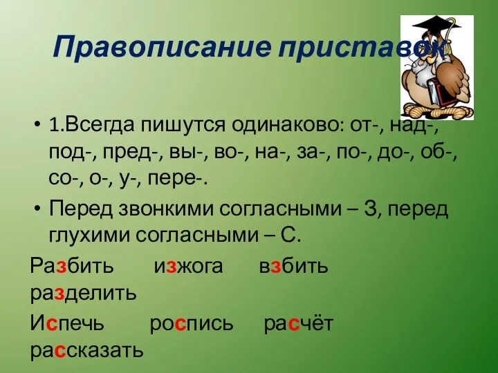 Правописание приставок 1.Всегда пишутся одинаково: от-, над-, под-, пред-, вы-,