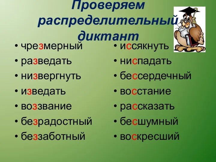 Проверяем распределительный диктант чрезмерный разведать низвергнуть изведать воззвание безрадостный беззаботный