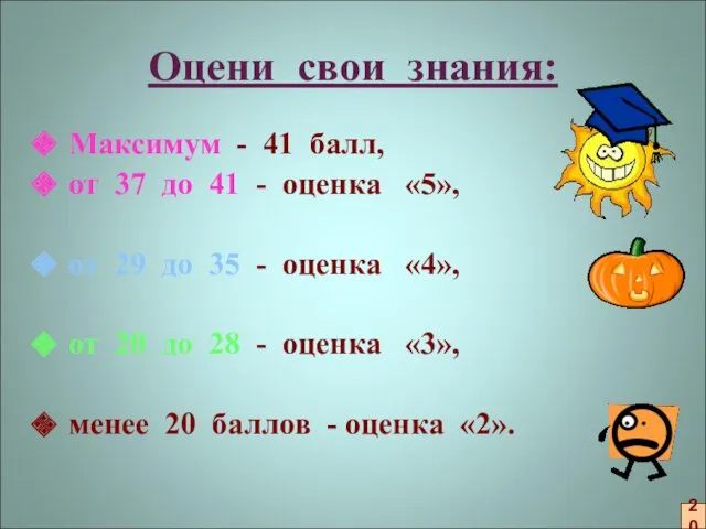 Оцени свои знания: Максимум - 41 балл, от 37 до 41 - оценка