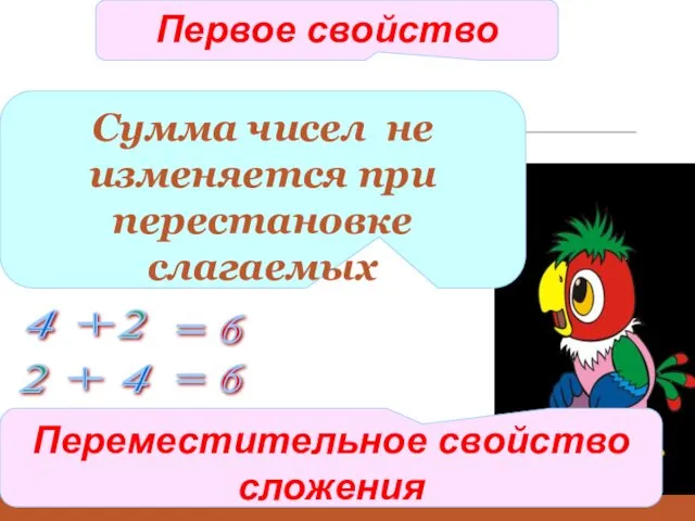 4 + Сумма чисел не изменяется при перестановке слагаемых Первое