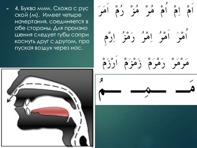 4. Бук­ва мим. Схо­жа с рус­ской (м). Име­ет че­ты­ре на­чер­та­ния,