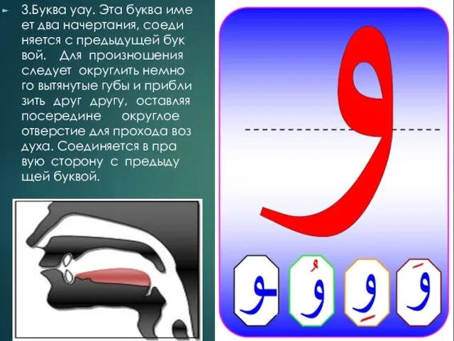 3.Бук­ва уау. Эта бук­ва име­ет два на­чер­та­ния, со­еди­ня­ет­ся с пре­ды­ду­щей