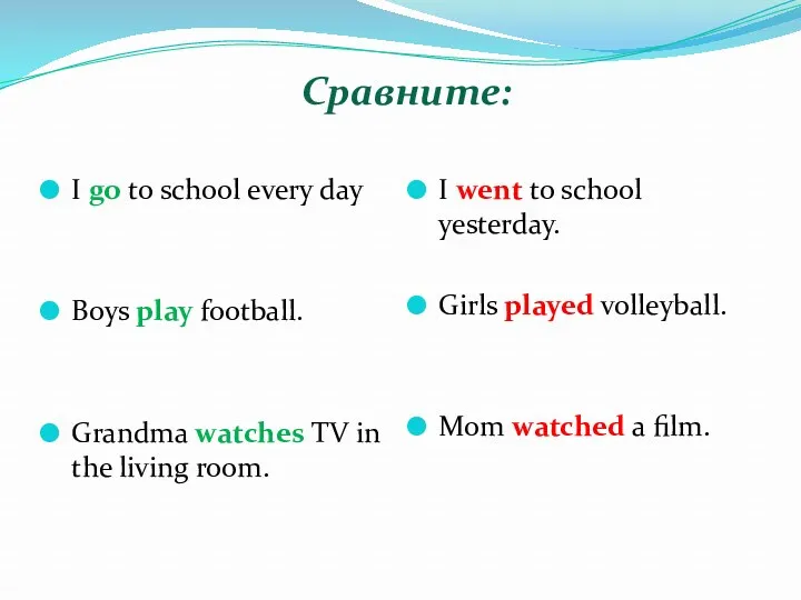 Сравните: I go to school every day Boys play football. Grandma watches TV
