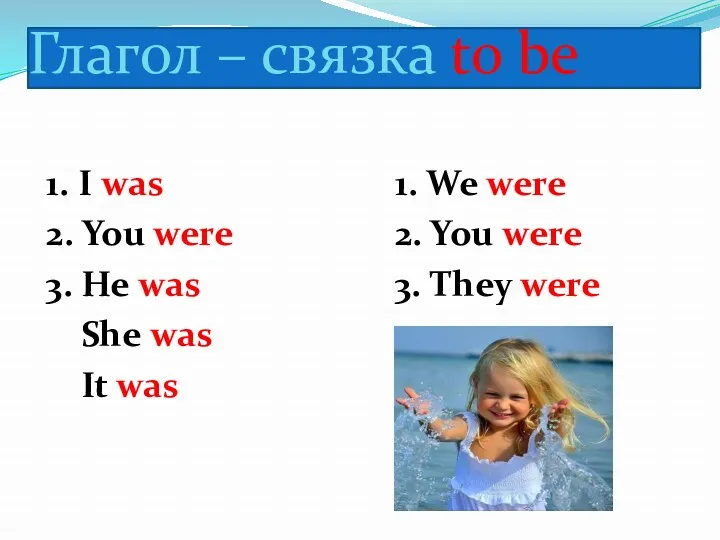 Глагол – связка to be 1. I was 2. You were 3. He