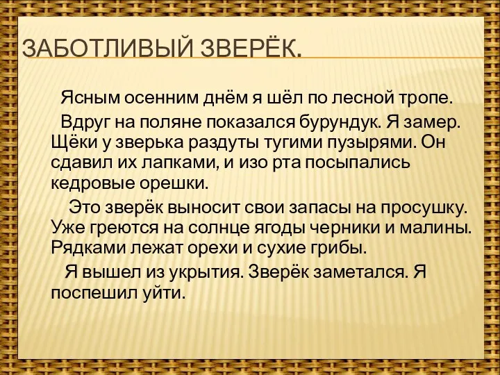 Заботливый зверёк. Ясным осенним днём я шёл по лесной тропе.