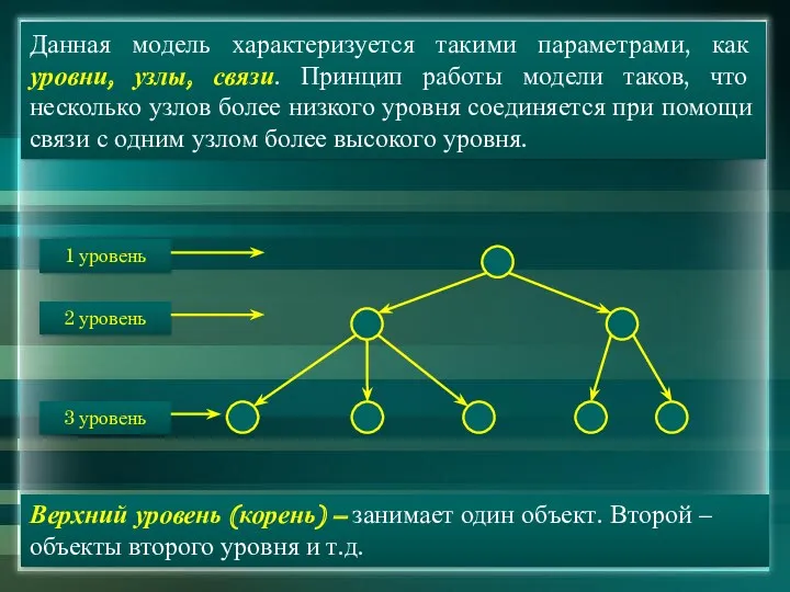 Данная модель характеризуется такими параметрами, как уровни, узлы, связи. Принцип