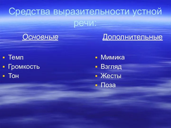 Средства выразительности устной речи: Основные Темп Громкость Тон Дополнительные Мимика Взгляд Жесты Поза