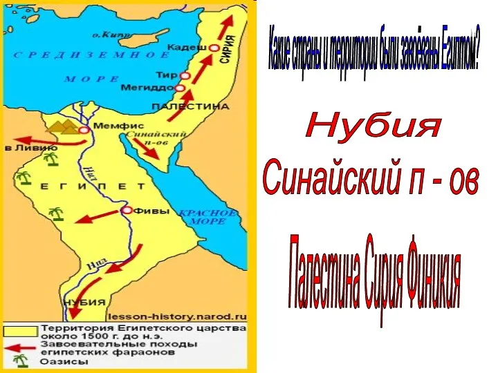 Какие страны и территории были завоёваны Египтом? Нубия Синайский п - ов Палестина Сирия Финикия