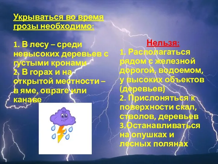 Укрываться во время грозы необходимо: 1. В лесу – среди