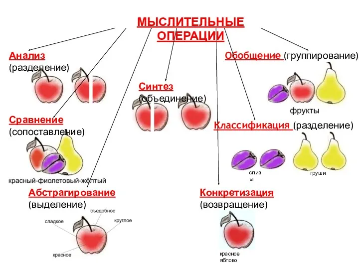 МЫСЛИТЕЛЬНЫЕ ОПЕРАЦИИ Анализ (разделение) Синтез (объединение) Обобщение (группирование) Сравнение (сопоставление)