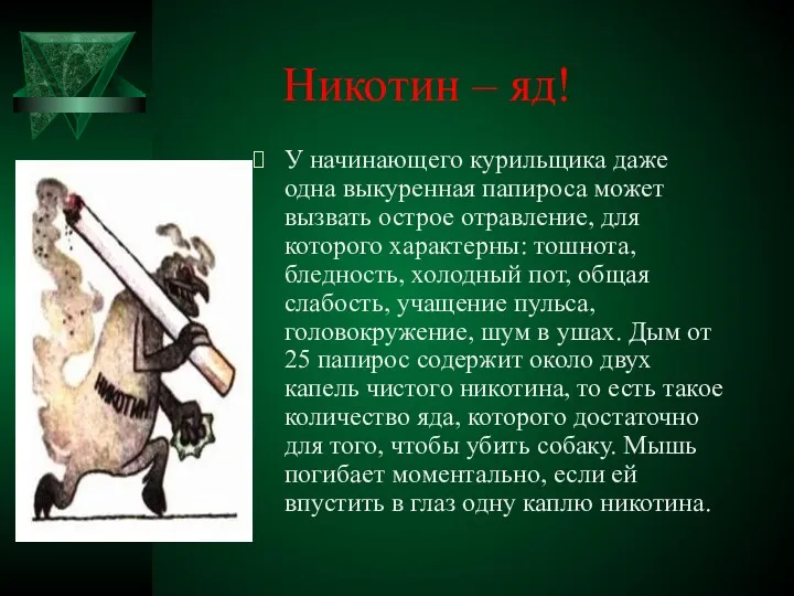 Никотин – яд! У начинающего курильщика даже одна выкуренная папироса может вызвать острое