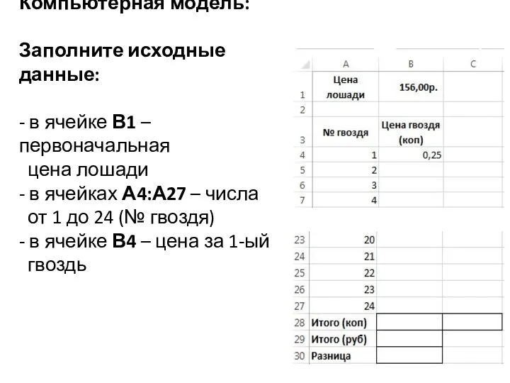 Компьютерная модель: Заполните исходные данные: - в ячейке В1 –