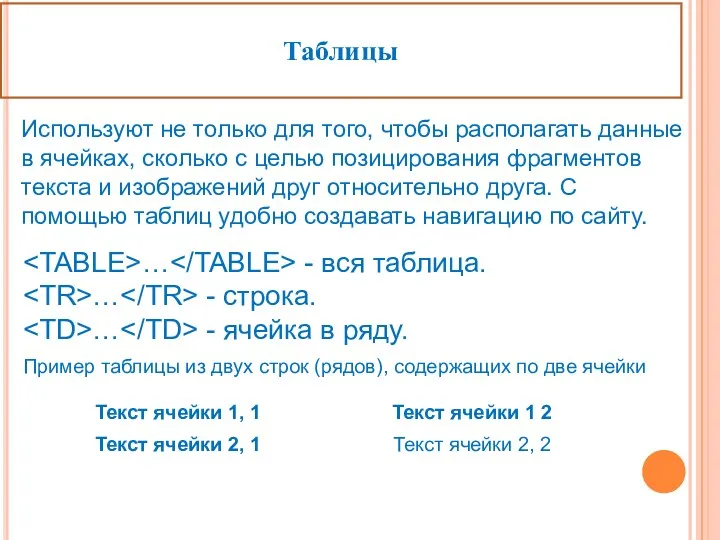 Таблицы Используют не только для того, чтобы располагать данные в