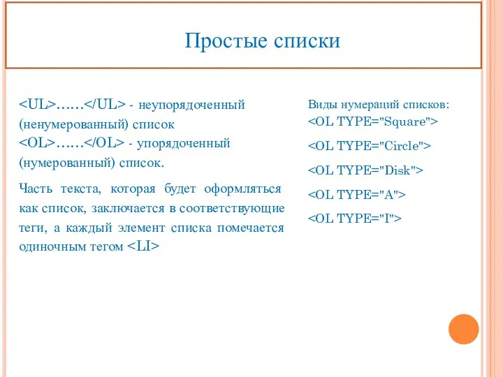 Простые списки Виды нумераций списков: …… - неупорядоченный (ненумерованный) список