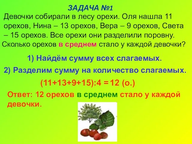 ЗАДАЧА №1 Ответ: 12 орехов в среднем стало у каждой девочки. 12 (о.)