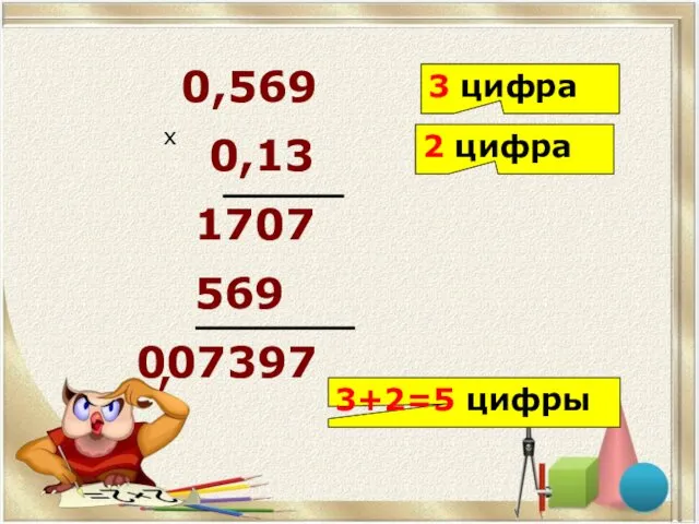 0,569 0,13 1707 569 007397 х 3 цифра 2 цифра 3+2=5 цифры ,