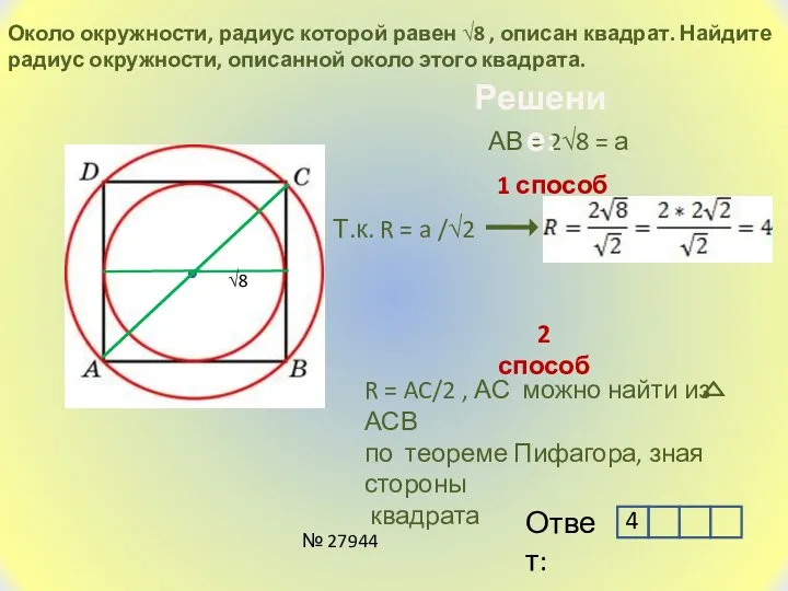 Около окружности, радиус которой равен √8 , описан квадрат. Найдите