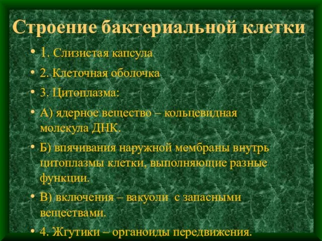 Строение бактериальной клетки 1. Слизистая капсула 2. Клеточная оболочка 3.