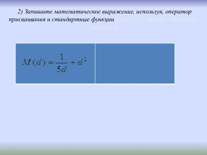 2) Запишите математическое выражение, используя, оператор присваивания и стандартные функции (sqr(x) – x2,