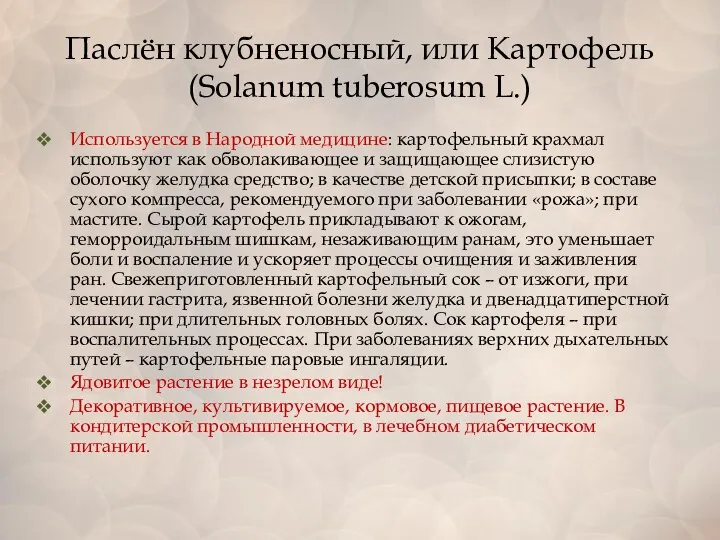 Паслён клубненосный, или Картофель (Solanum tuberosum L.) Используется в Народной