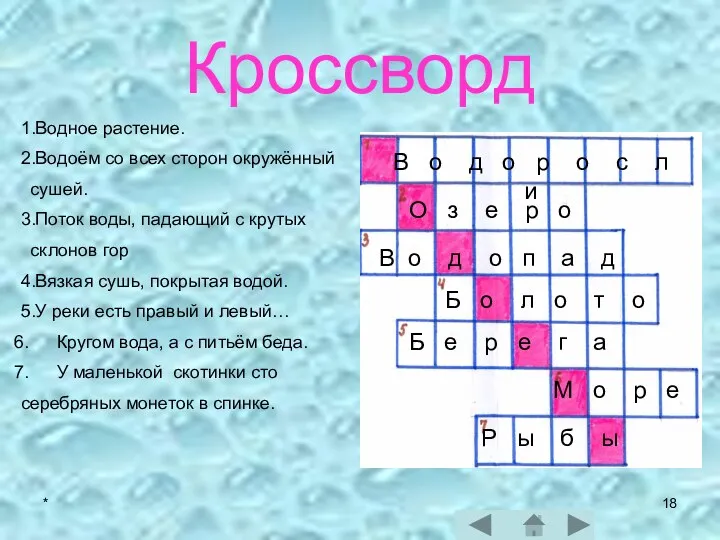 * Кроссворд 1.Водное растение. 2.Водоём со всех сторон окружённый сушей.