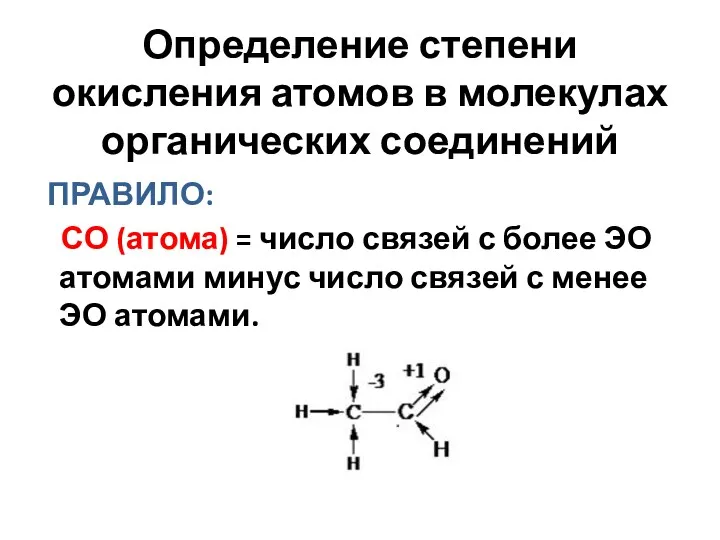 Определение степени окисления атомов в молекулах органических соединений ПРАВИЛО: СО (атома) = число