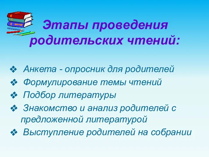 Этапы проведения родительских чтений: Анкета - опросник для родителей Формулирование