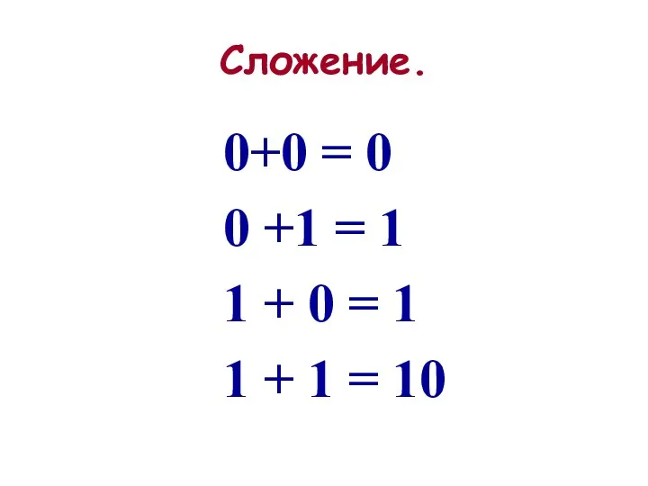 Сложение. 0+0 = 0 0 +1 = 1 1 +