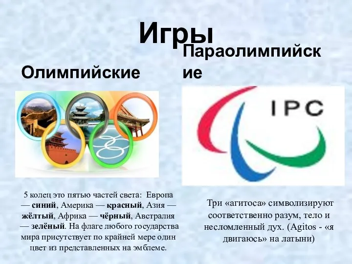 Игры Олимпийские Параолимпийские Три «агитоса» символизируют соответственно разум, тело и